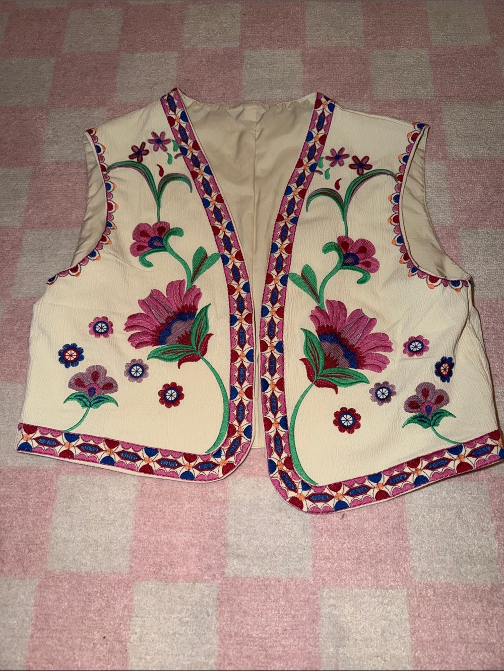 Cream Embroidered Floral Vest with Pink & Green Accents